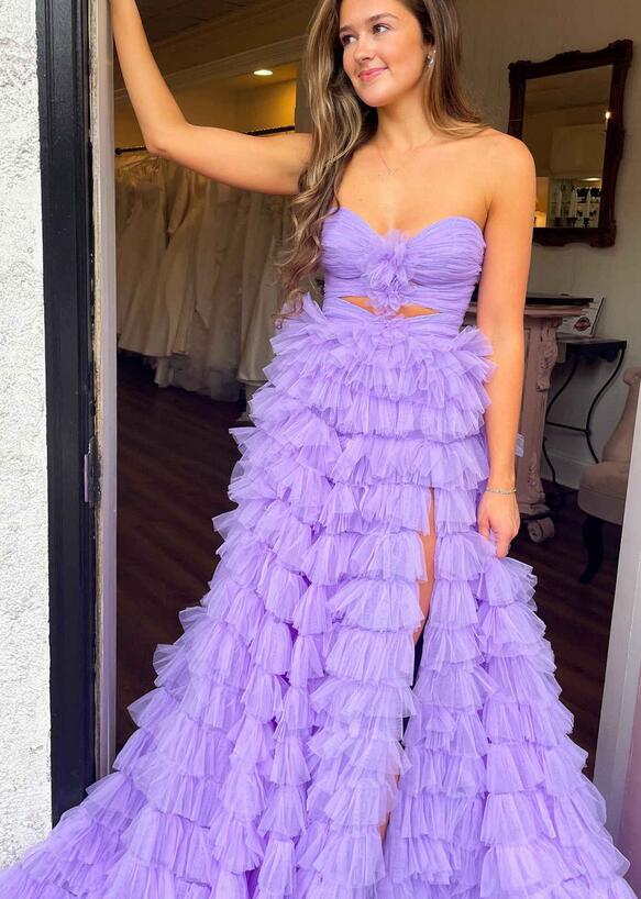 Strapless Tulle Long Prom Dress with Keyhole and Ruffle Skirt