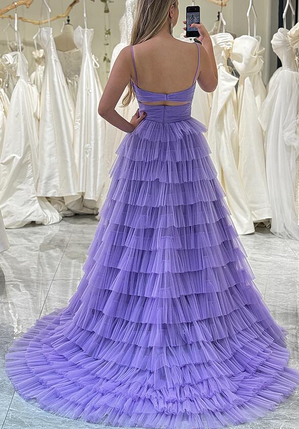 Spaghetti Straps Tiered Long Tulle Prom Dress with Ruffle Skirt