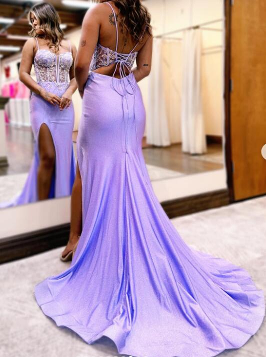 Straps Mermaid Long Prom Dress with Lace Bodice and Slit