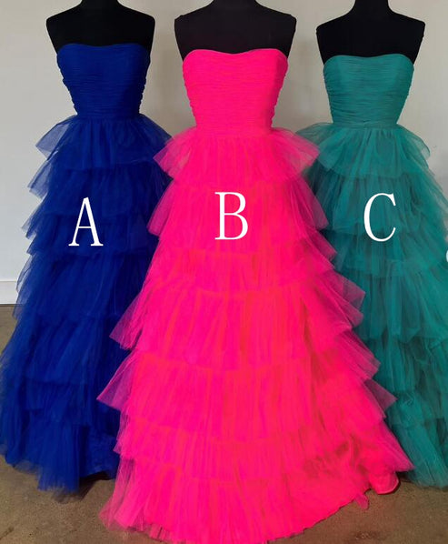 Gorgeous Balll Gown Strapless Tulle Pink Ruffles Long Evening Dress Prom Dresses