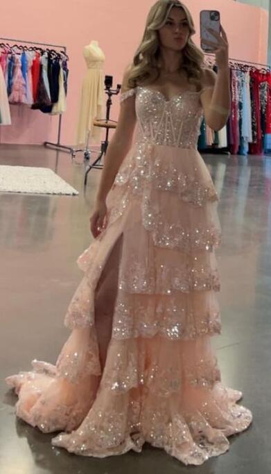 Tulle/Lace Sequins Long Prom Dress with Sheer Corset Bodice and Ruffle Skirt