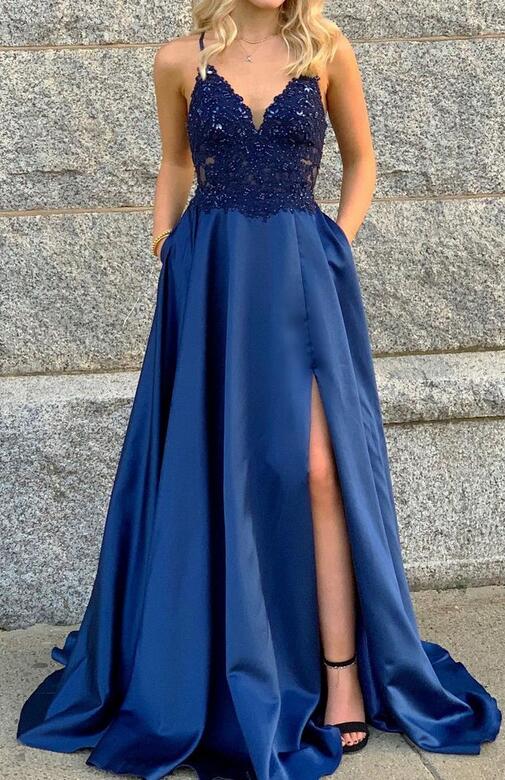Straps V-neck A-line Satin Long Prom Dress with Lace and Beading top