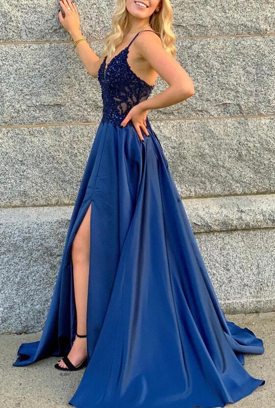 Straps V-neck A-line Satin Long Prom Dress with Lace and Beading top