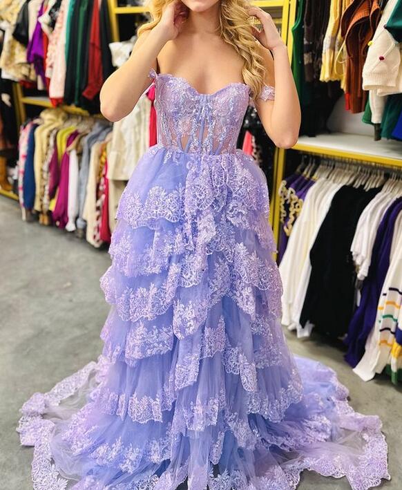 Tulle/Lace Sequins Long Prom Dress with Sheer Corset Bodice and Ruffle Skirt