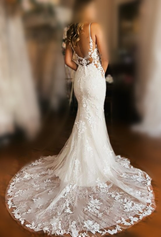 Straps Mermaid Tulle/Lace Wedding Dress with Open Back