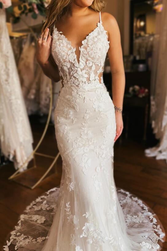 Straps Mermaid Tulle/Lace Wedding Dress with Open Back