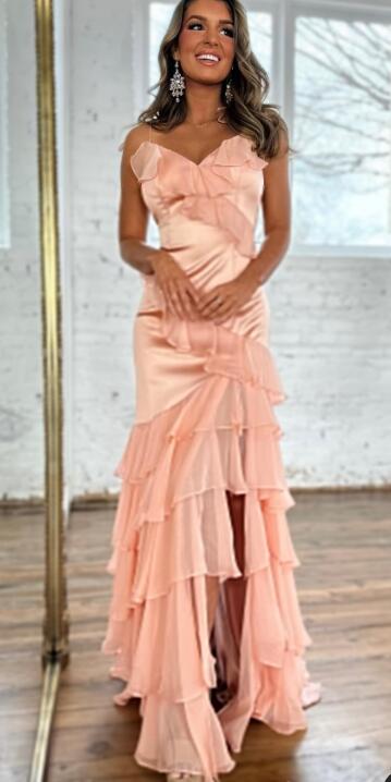 Fitted Gown with Chiffon Ruffles Long Prom Dress