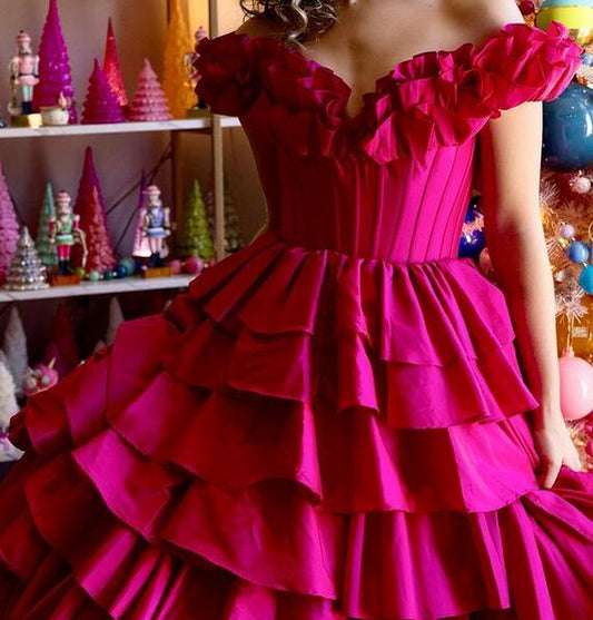 Taffeta Ruffle Off the Shoulder Ball Gown Long Prom Dress