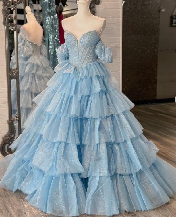 Sparkly Ball Gown Long Prom Dress with Ruffle Skirt