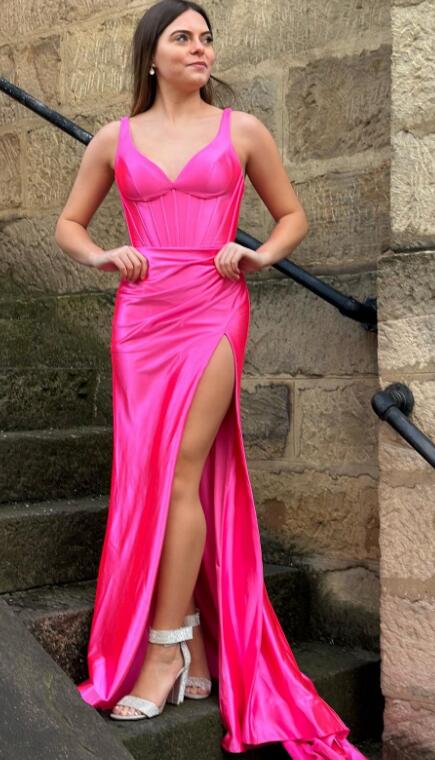 V-neck Fitted Satin Long Prom Dress with Slit
