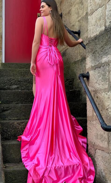 V-neck Fitted Satin Long Prom Dress with Slit