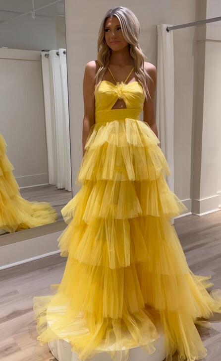 Yellow Tulle Long Prom Dress with Ruffle Skirt