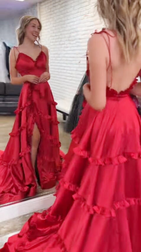 Straps Red Long Prom Dress with Slit