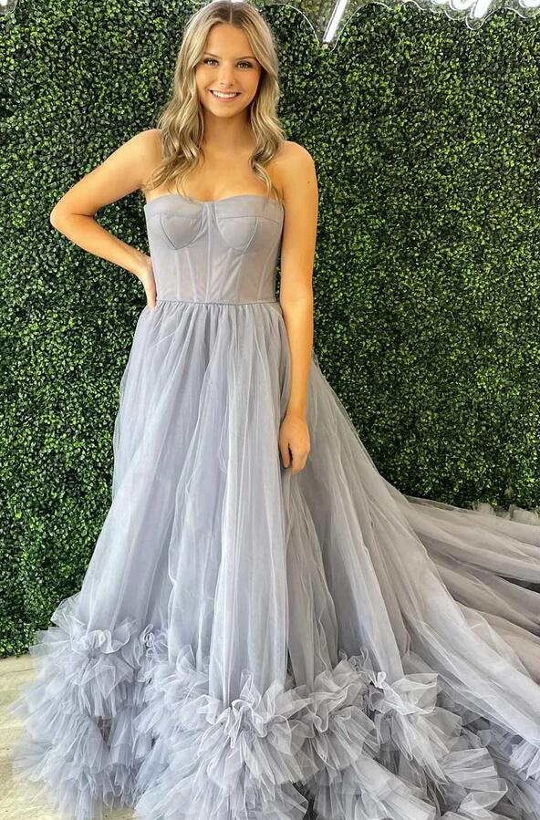 Gold Ruffled Tiered Strapless Ball Gown Luxurious Elegant Prom Gala Dress, PD01218