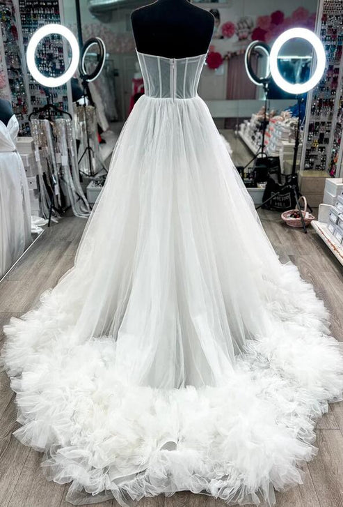 White Blue Flower A-Line Strapless Tiered Long Ball Dress with Bows