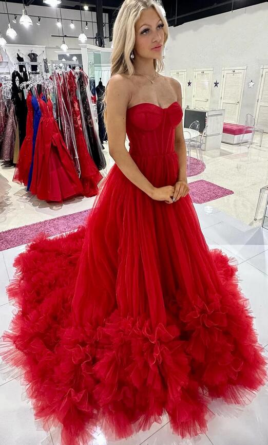 Ball Gown Elegant Strapless Sleeveless Floor-Length Tiered Evening Dresses with Lace-up & Crystals
