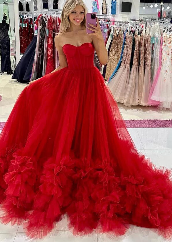 Ball Gown Elegant Strapless Sleeveless Floor-Length Tiered Evening Dresses with Lace-up & Crystals