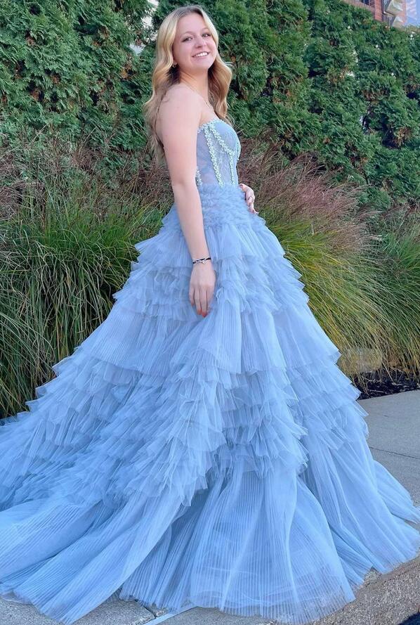 Princess Periwinkle Strapless Tiered Long Prom Dresses