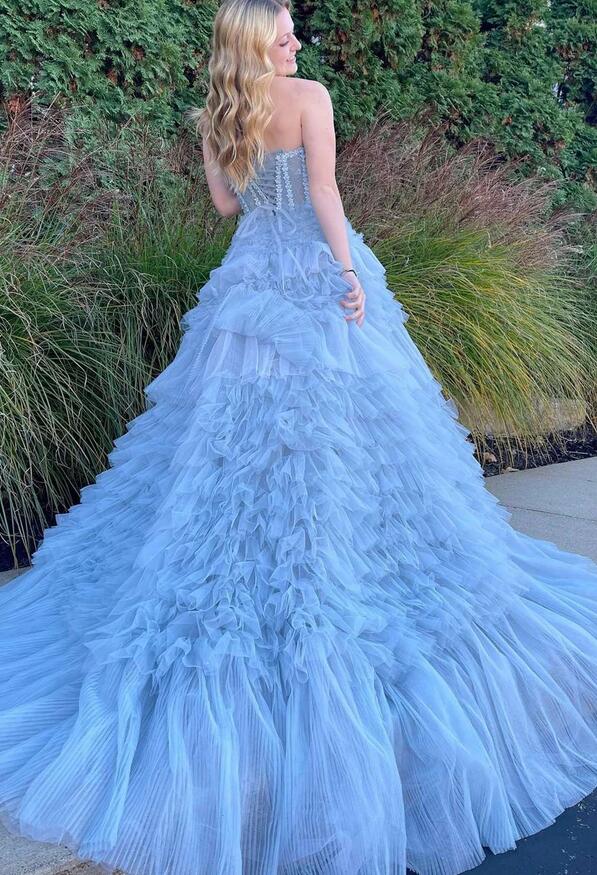 Princess Periwinkle Strapless Tiered Long Prom Dresses