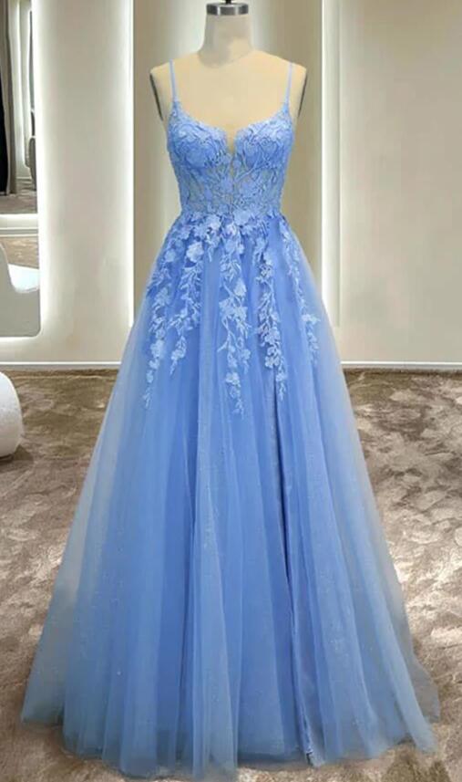 Strapls Tulle Long Prom Dresses with Appliques