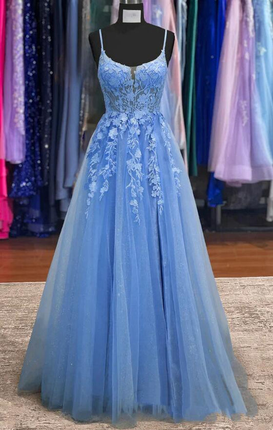 Strapls Tulle Long Prom Dresses with Appliques