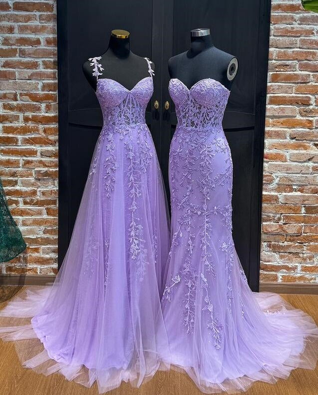 Lilac Leaf Lace Long Prom Dress with Sheer Corset Bodice