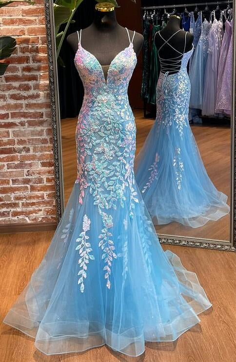 Straps Mermaid Sparkly Long Prom Dresses