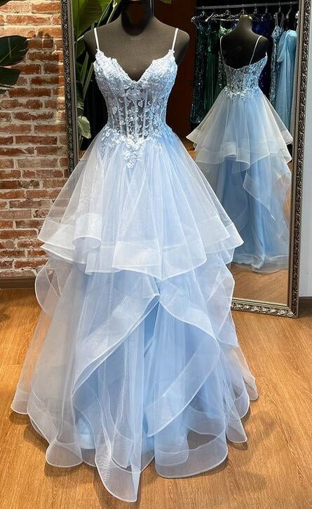 Straps Tulle Long Prom Dresses with Lace Top