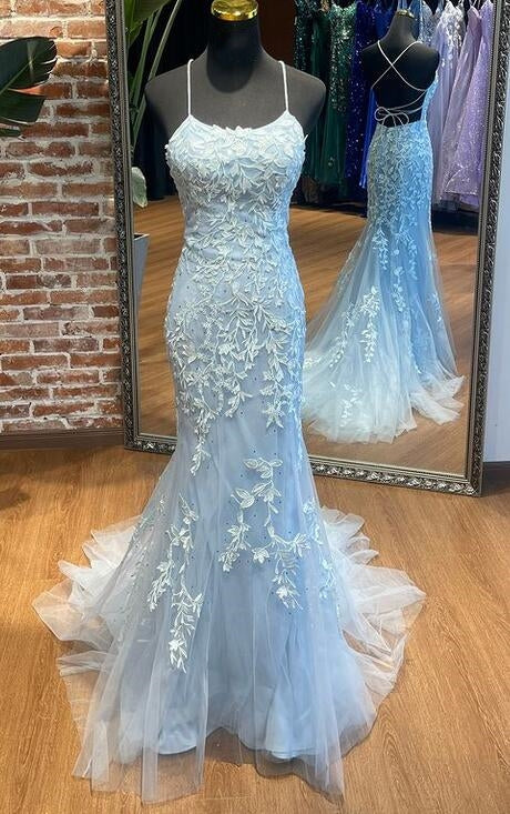 Straps Mermaid Leaf Lace Long Prom Dresses