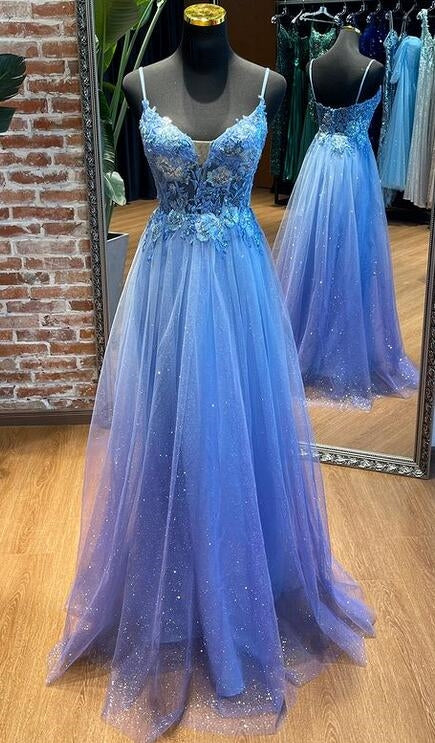 Straps A-line Sparkly Long Prom Dresses with Appliques
