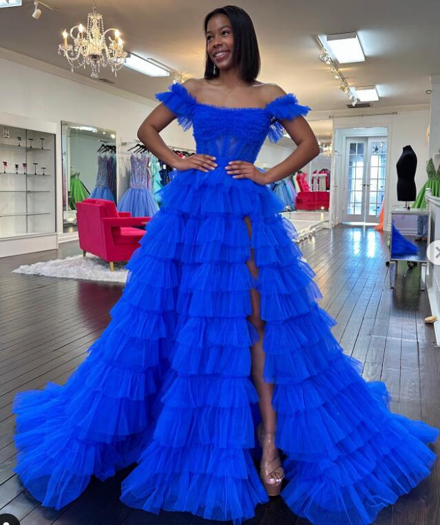 Off the Shoulder Tulle Long Prom Dresses with Ruffle Skirt