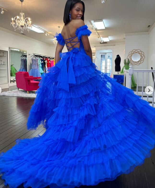 Off the Shoulder Tulle Long Prom Dresses with Ruffle Skirt