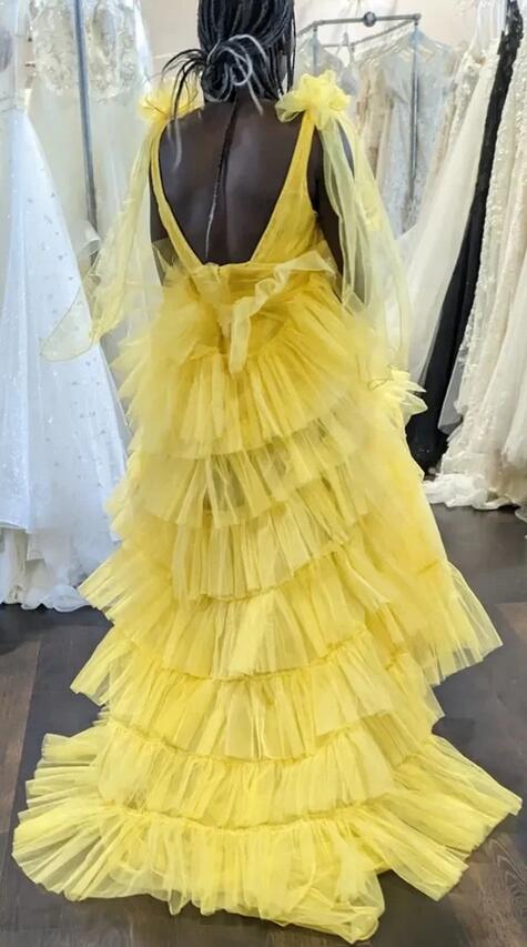 V-neck Tulle Long Prom Dresses with Ruffle Skirt