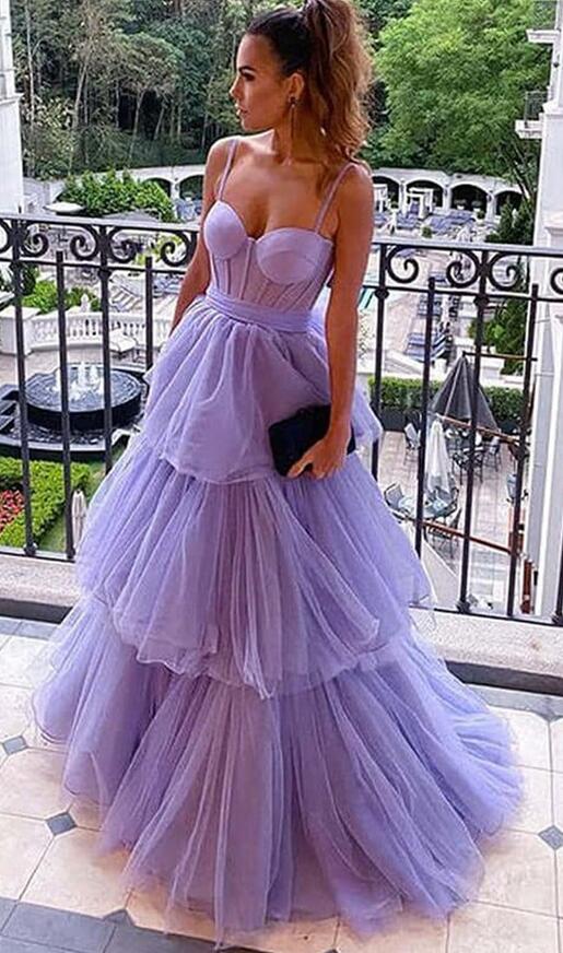 Straps Tulle Long Prom Dresses with Ruffle Skirt