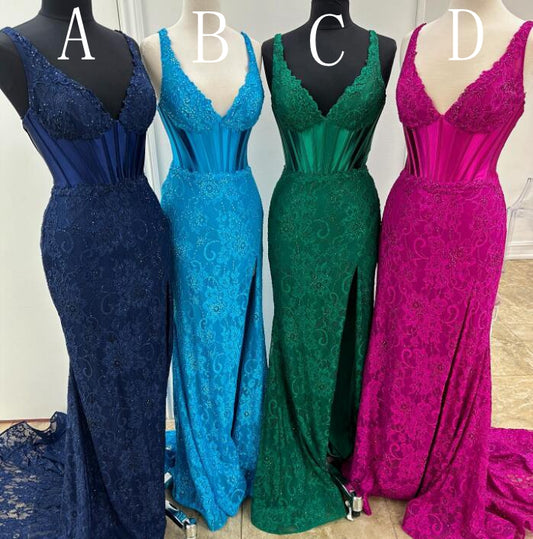 V-neck Fitted Lace Long Prom Dress with Slit