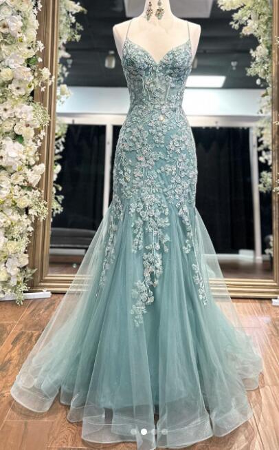 Fitted Tulle/Lace Long Prom Dresses