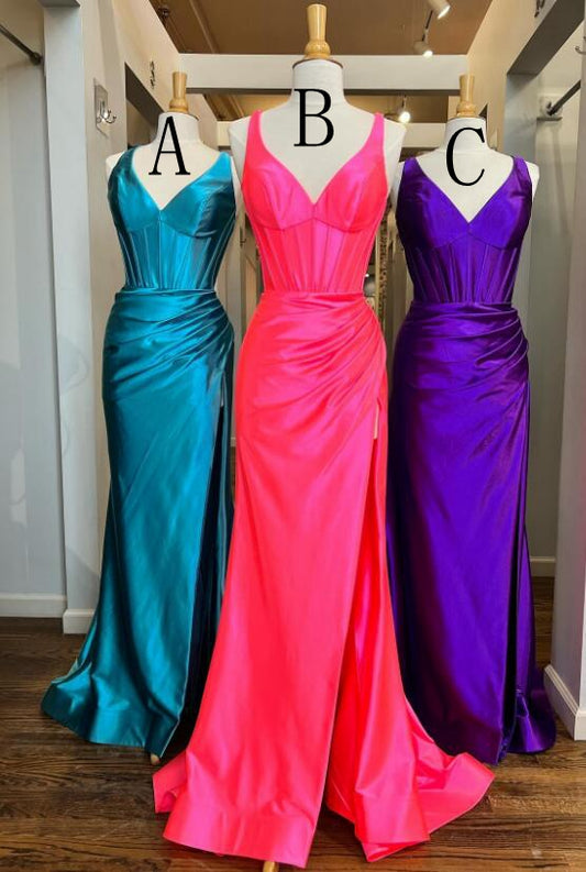V-neck Satin Fitted Long Prom Dress with Slit