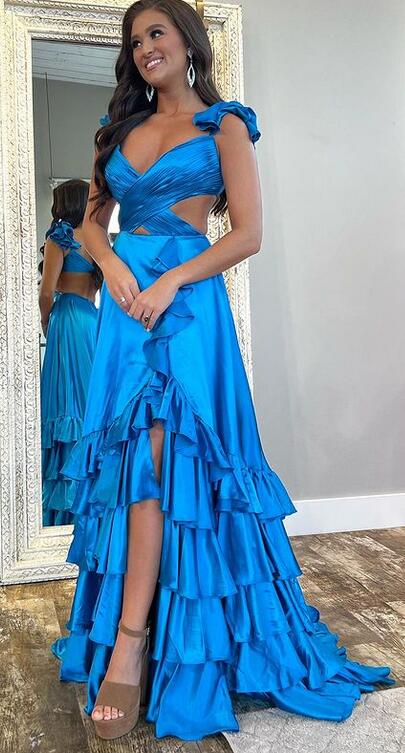 Satin Long Prom Dresses with Criss Cross Bodice and Ruffled Straps