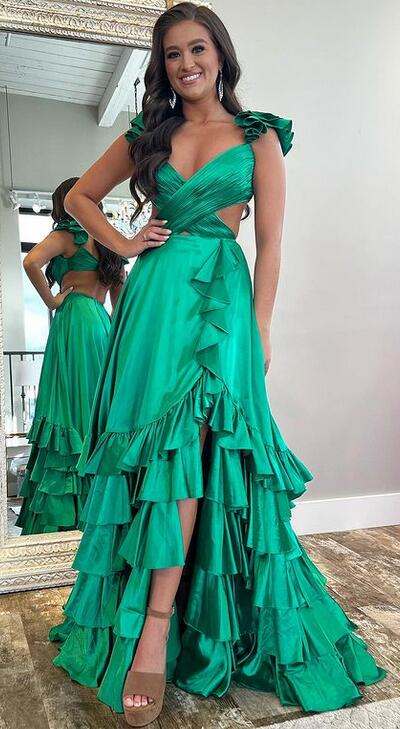 Satin Long Prom Dresses with Criss Cross Bodice and Ruffled Straps