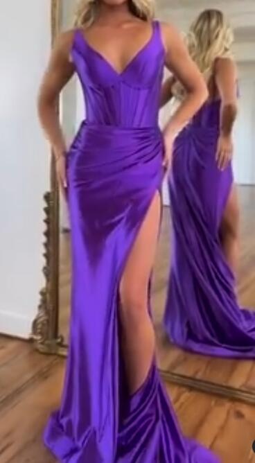 V-neck Satin Fitted Long Prom Dress with Slit