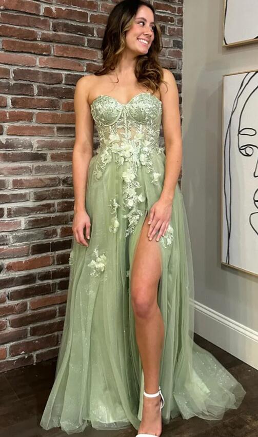 Strapless Floral A-line Long Prom Dress with Slit