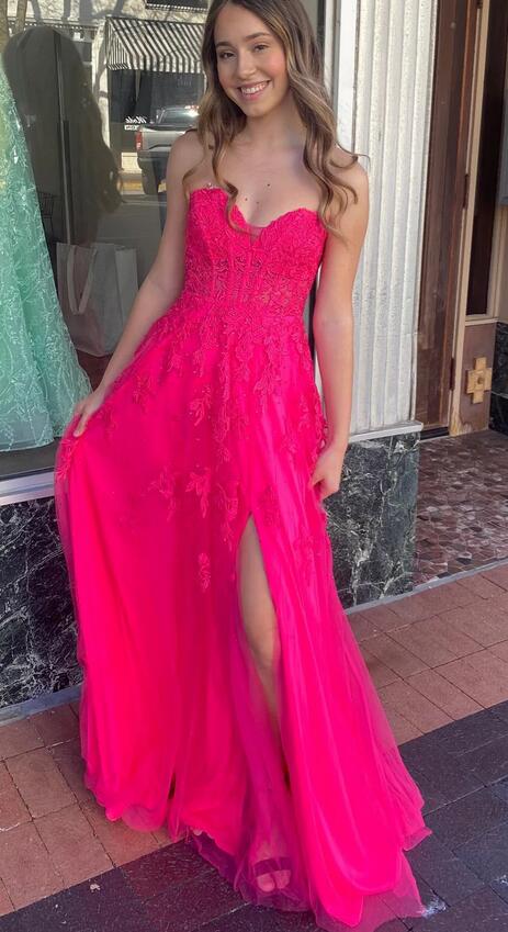 Strapless Floral Appliques A-line Long Prom Dress with Slit