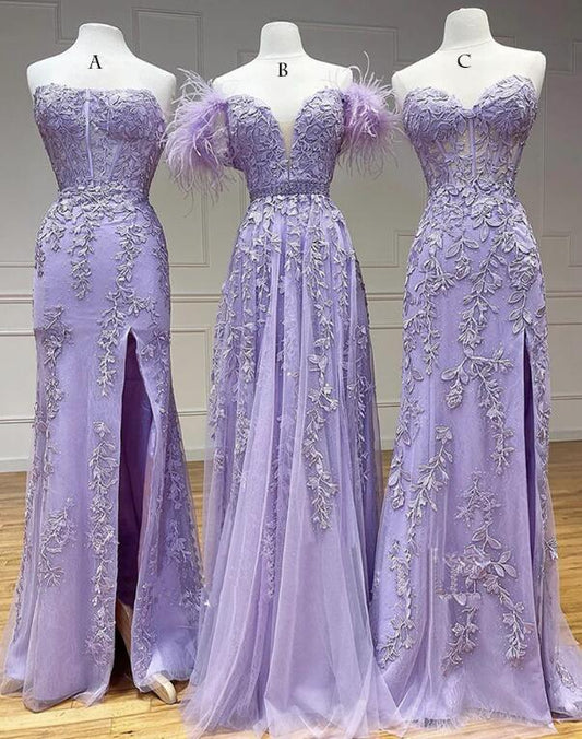 2024 Lilac Leaf Lace  Long Prom Dress