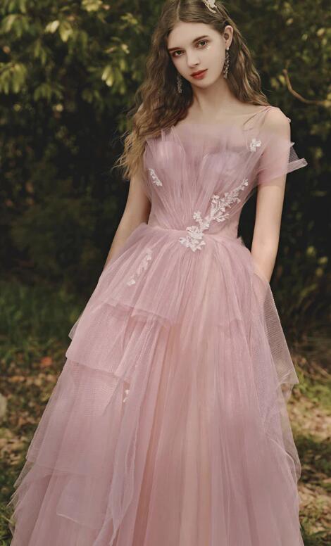 A-line Tulle  Long Prom Dress
