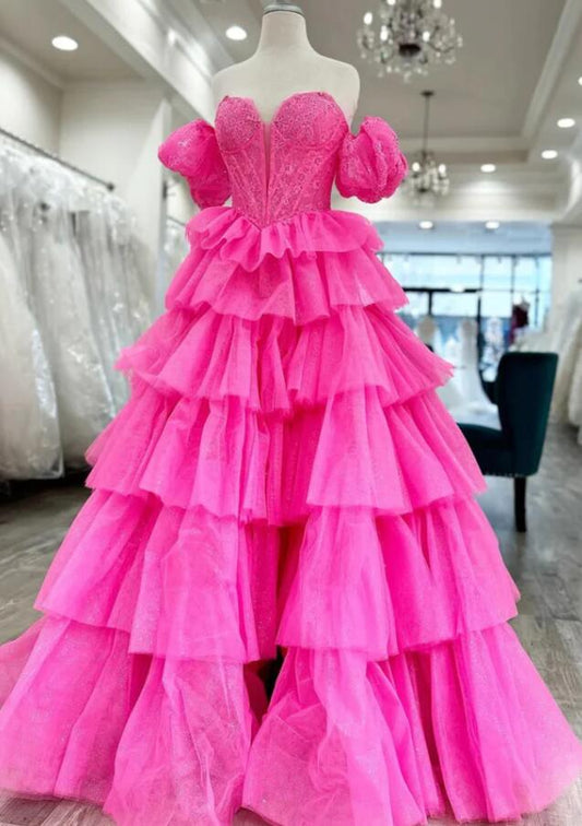 Off Shoulder Fluffy Layered Hot Pink Lace Long Prom Dress