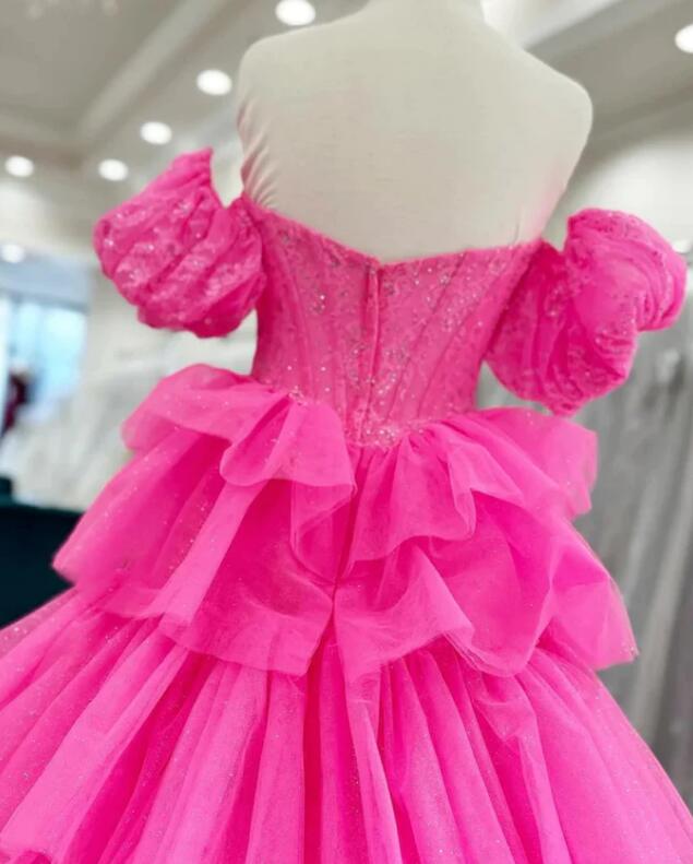 Off Shoulder Fluffy Layered Hot Pink Lace Long Prom Dress