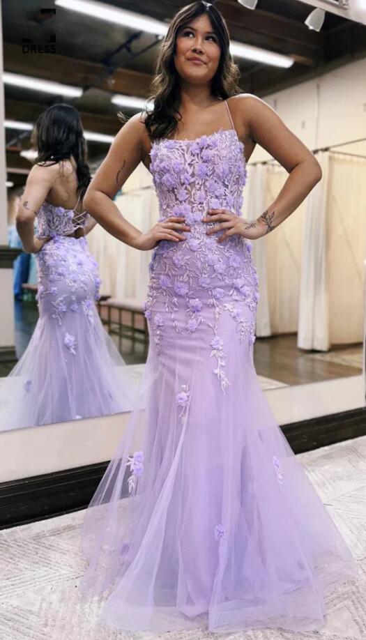 Open Back Mermaid Lilac Lace Floral Long Prom Dress