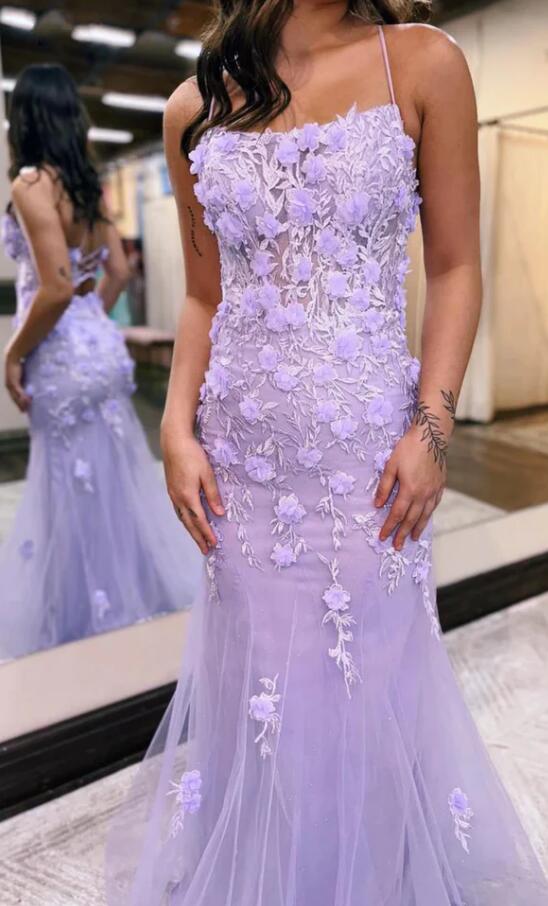 Open Back Mermaid Lilac Lace Floral Long Prom Dress