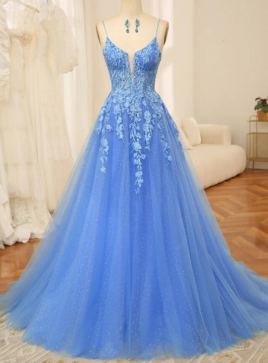 Straps Sparkly Tulle Long Prom Dress with Appliques