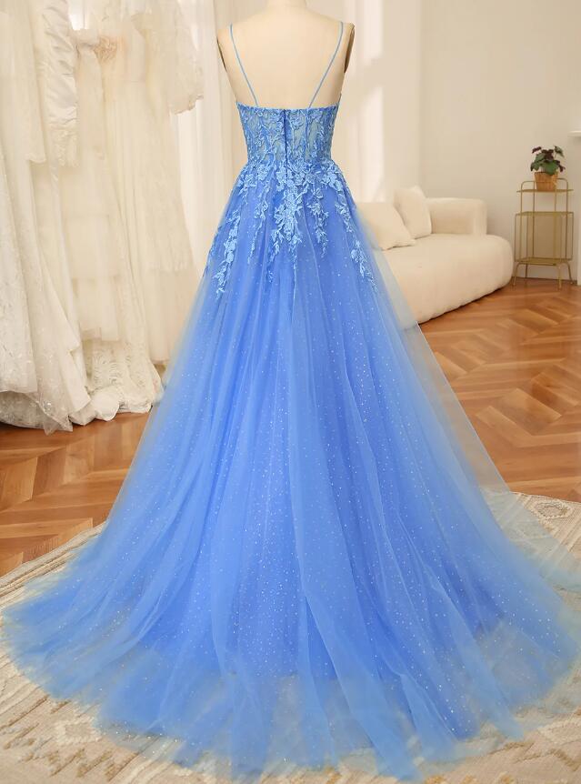 Straps Sparkly Tulle Long Prom Dress with Appliques